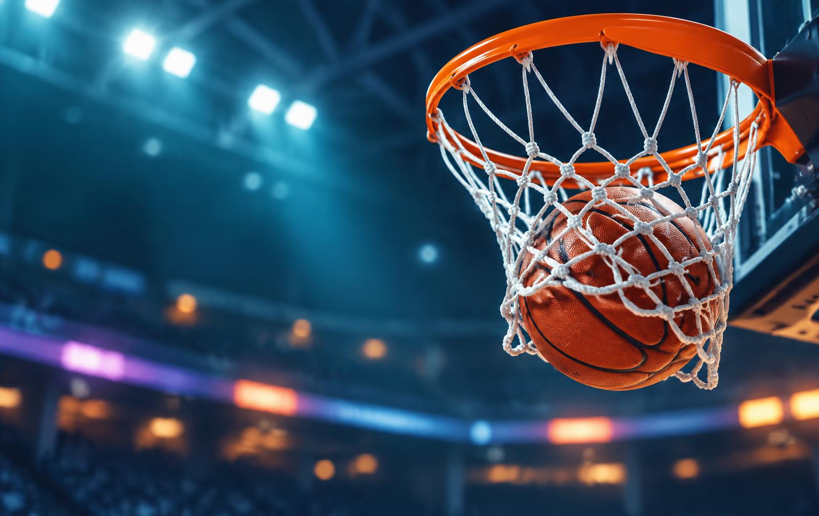 Basketball swishing through a net